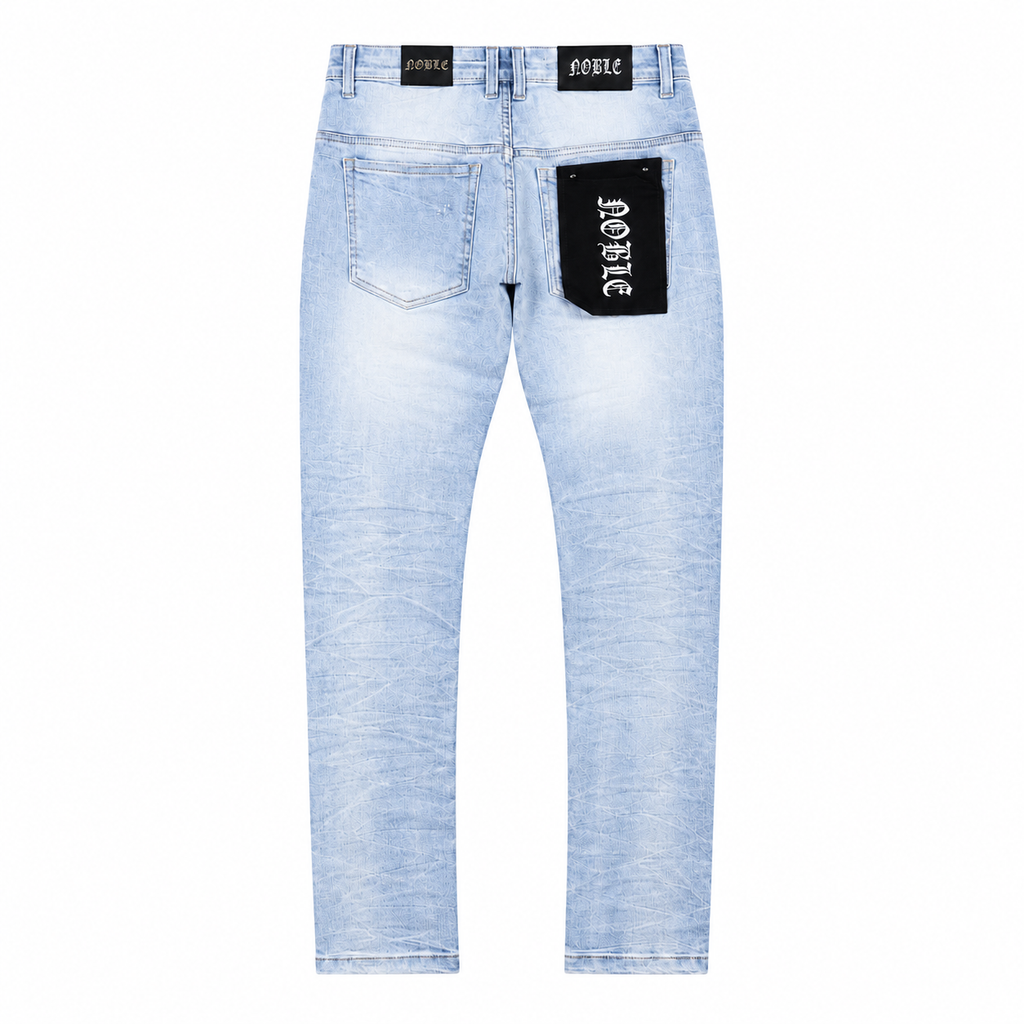 Noble essential jeans in light blue, back flat lay without rips | ICON Clothing