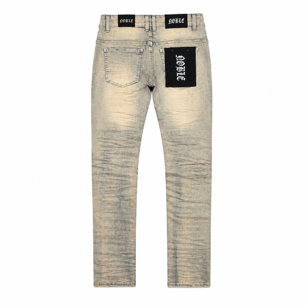 Noble essential ripped jeans in taupe, back flat lay with ripped knees | ICON Clothing