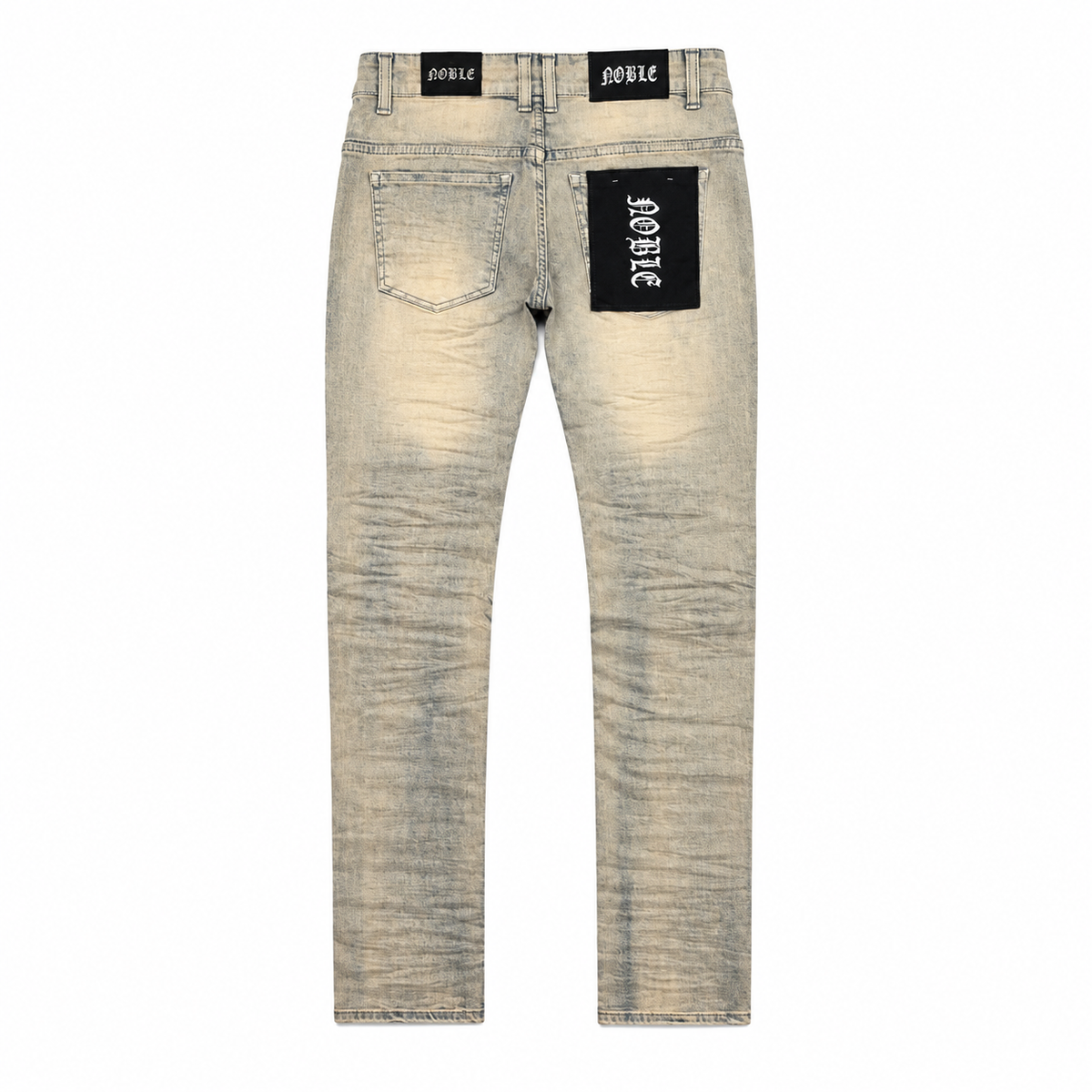 Noble essential ripped jeans in taupe, back flat lay with ripped knees | ICON Clothing