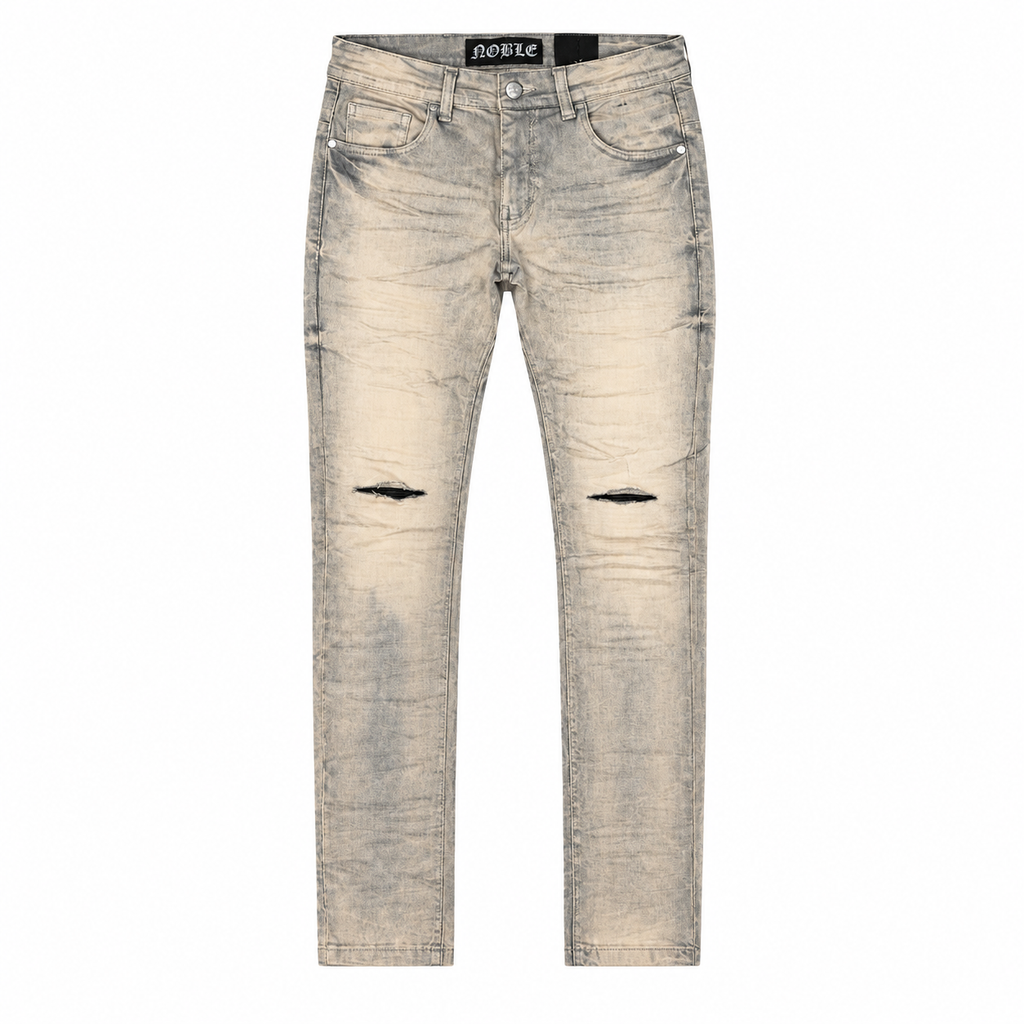 Noble essential ripped jeans in taupe, front flat lay with ripped knees | ICON Clothing