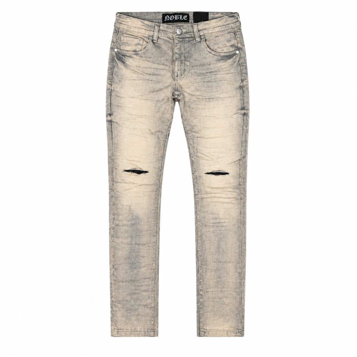 Noble essential ripped jeans in taupe, front flat lay with ripped knees | ICON Clothing