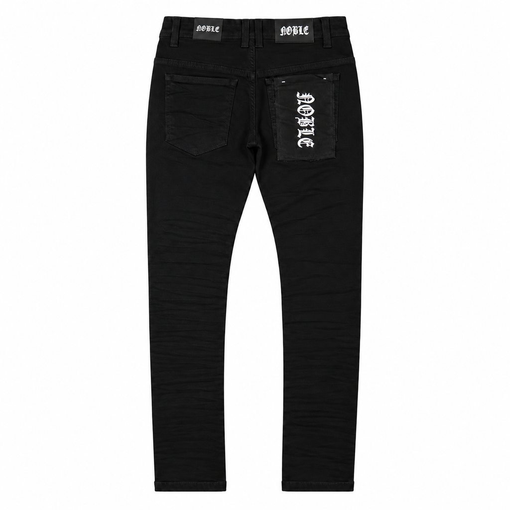 Noble essential ripped jeans in jet black, back flat lay with ripped knees | ICON Clothing