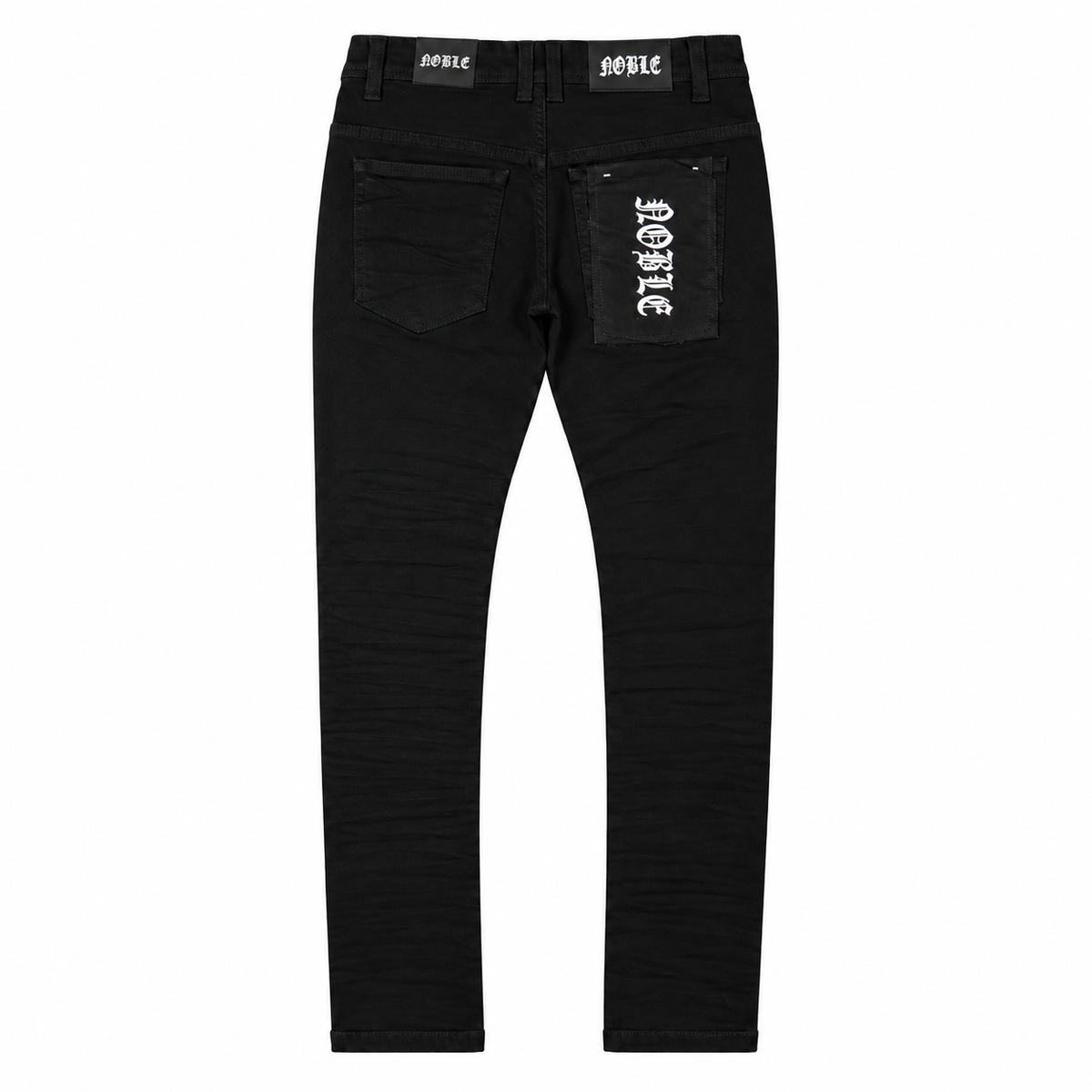 Noble essential ripped jeans in jet black, back flat lay with ripped knees | ICON Clothing