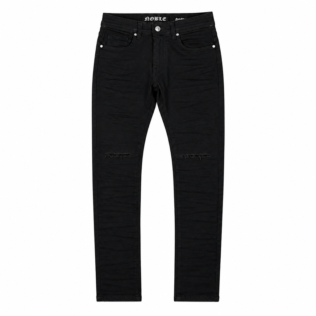 Noble essential ripped jeans in jet black, front flat lay with ripped knees | ICON Clothing