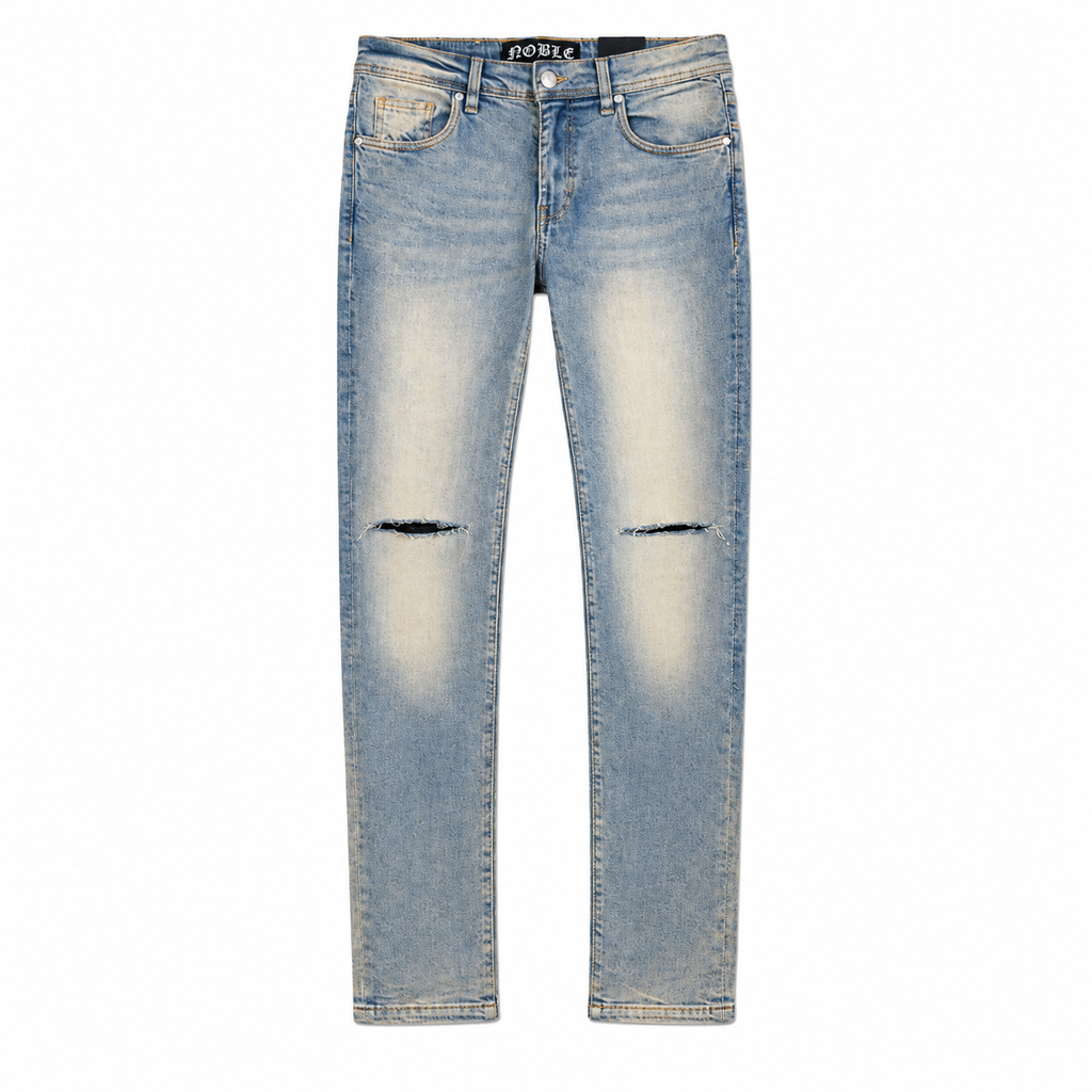 Noble essential ripped jeans in vintage blue, front flat lay with ripped knees | ICON Clothing