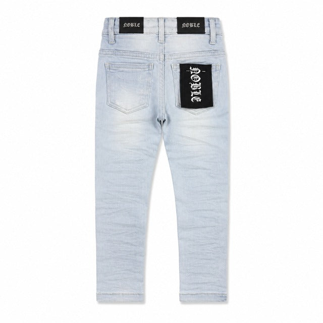 Noble kids essential jeans in light blue, back flat lay without rips | ICON Clothing