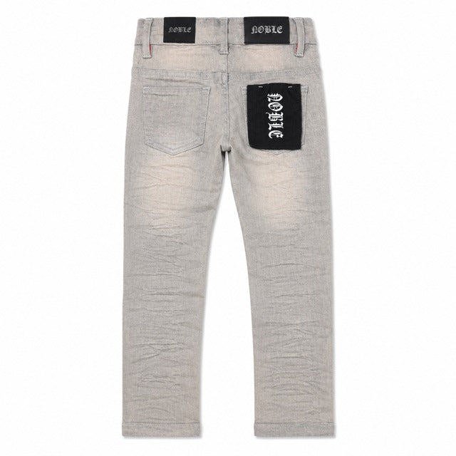 Noble kids essential ripped jeans in taupe grey, back flat lay with ripped knees | ICON Clothing