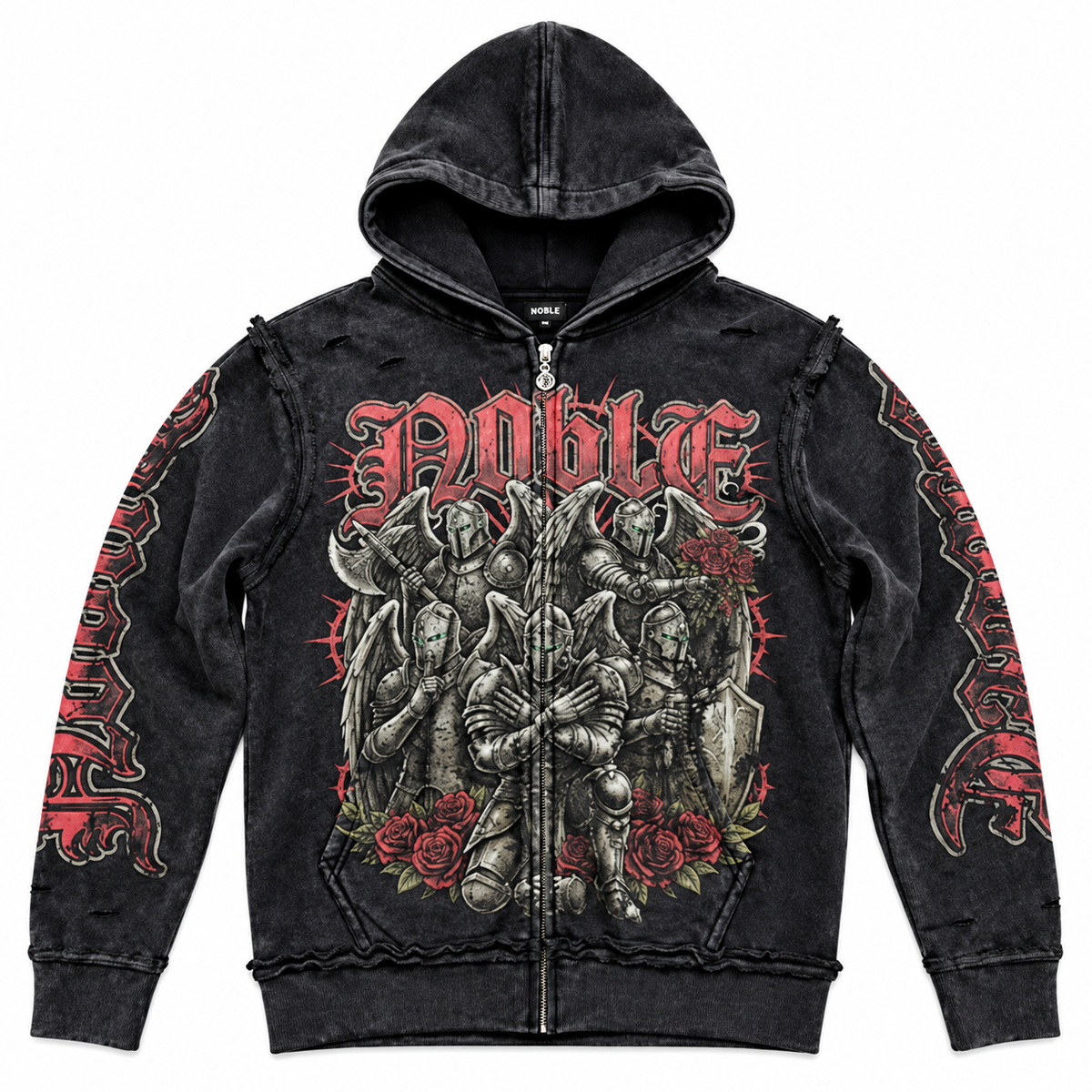 Noble knights premium zip up hoodie in washed black, front flat lay | ICON Clothing