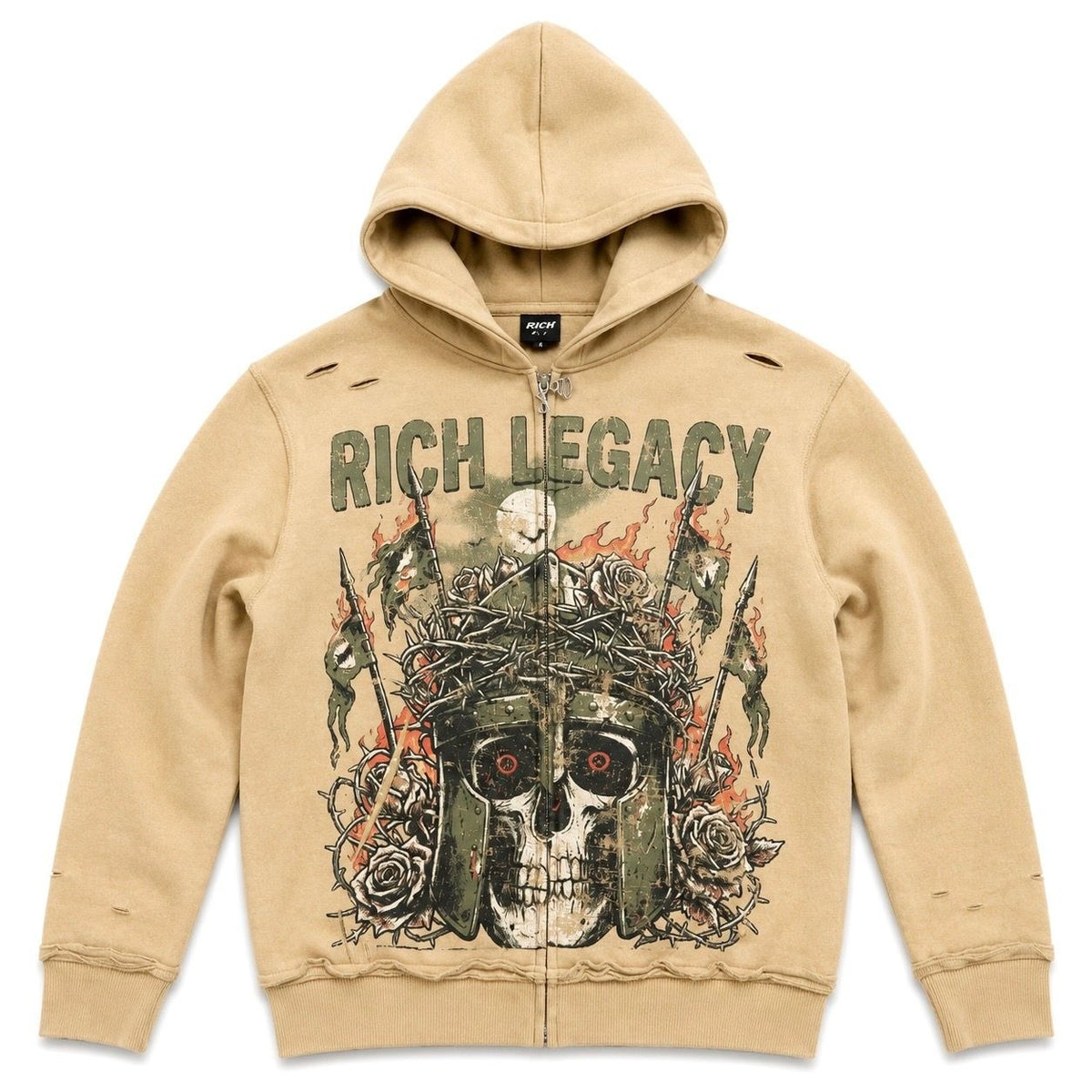 Noble rich premium zip up hoodie in tan, front flat lay | ICON Clothing