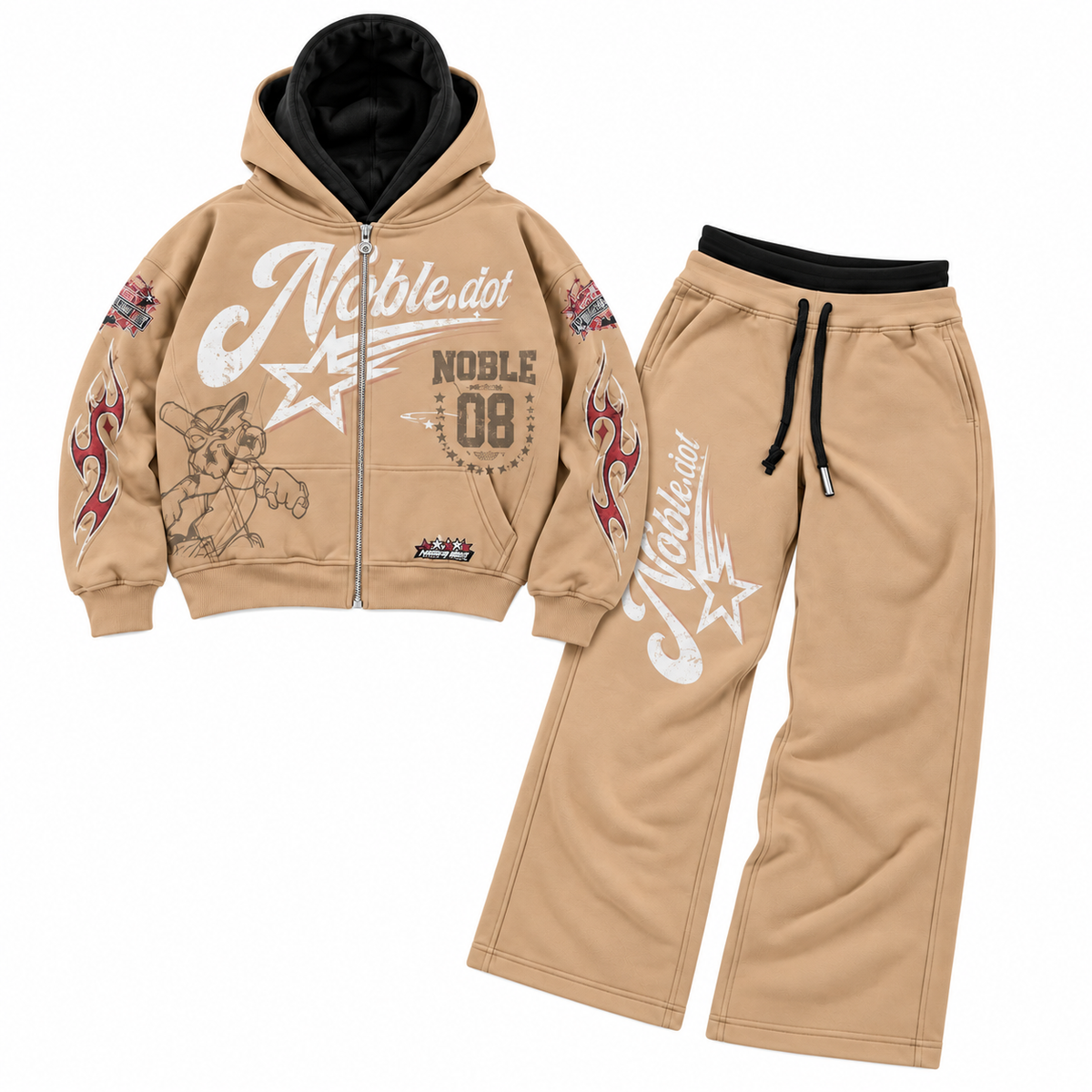 Noble rookie double layer fleece set in tan, front flat lay | ICON Clothing