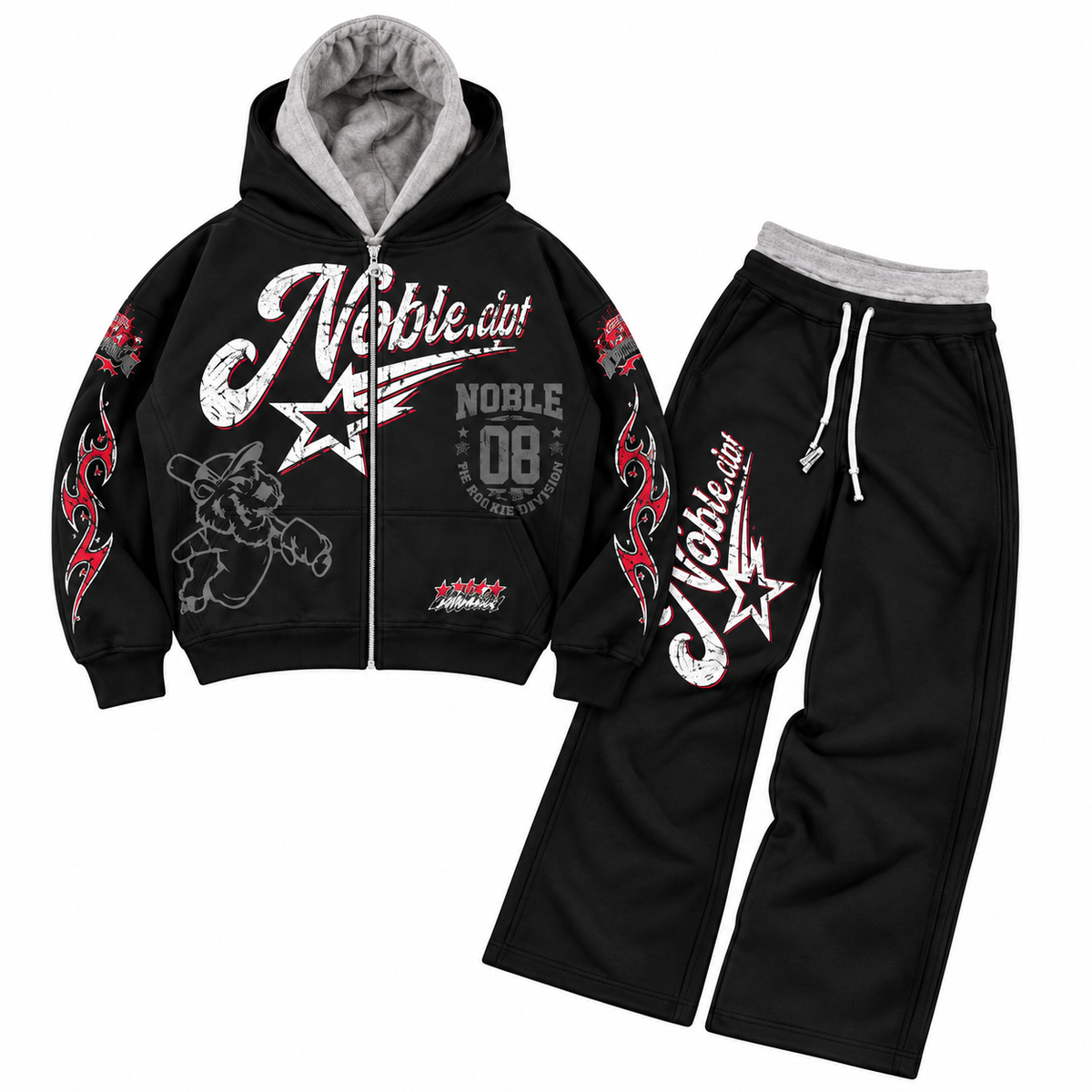 Noble rookie double layer fleece set in black, front flat lay | ICON Clothing