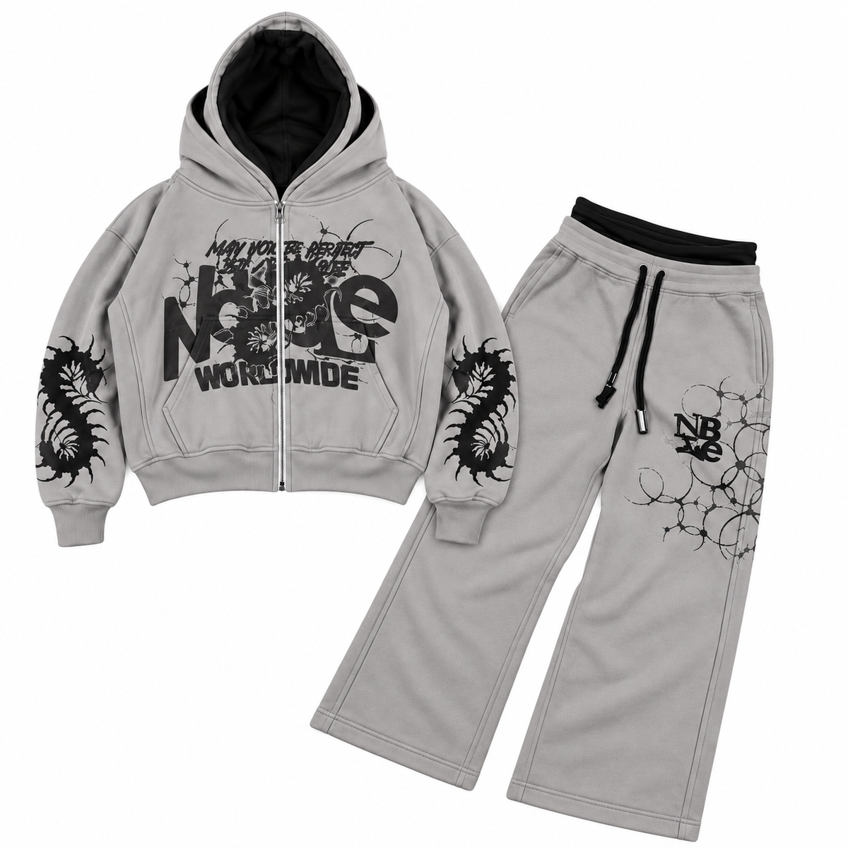 Noble underworld double layer fleece set in grey, front flat lay | ICON Clothing