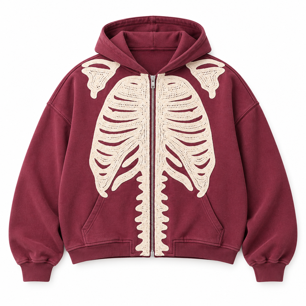 SKELETON ZIP UP HOODIE - WASHED RED