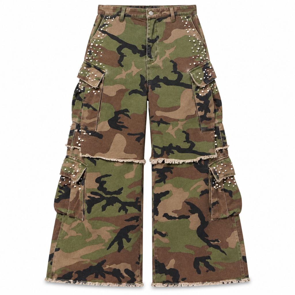 PEARLED RAVE CARGO PANTS - CAMO