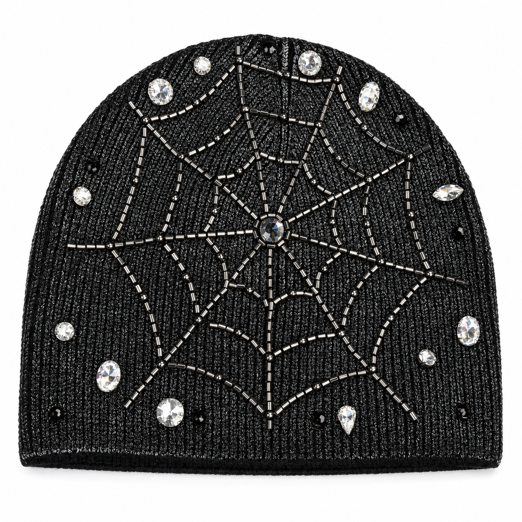Wax Web Black Beanie — beaded spiderweb back flat lay