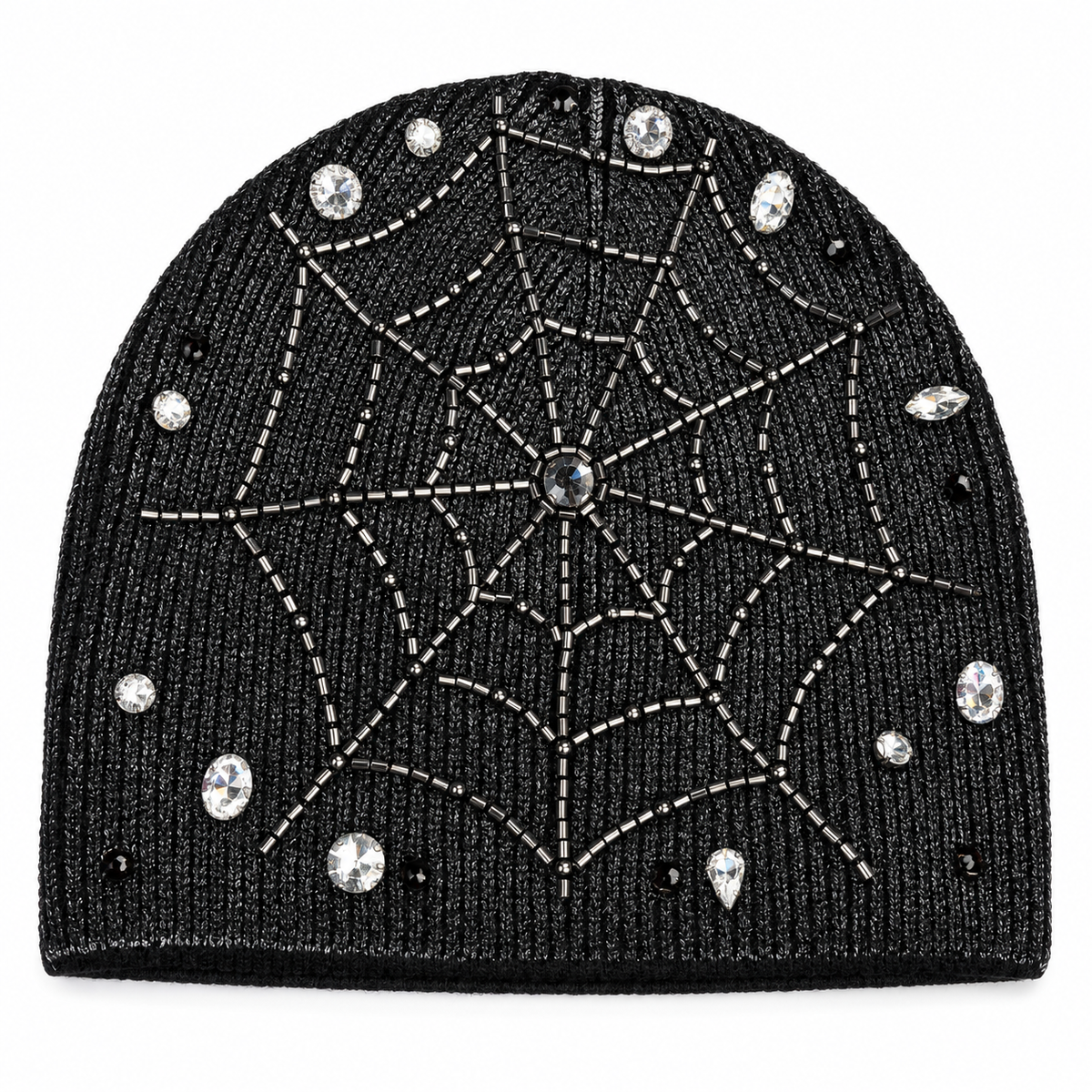 Wax Web Black Beanie — beaded spiderweb back flat lay