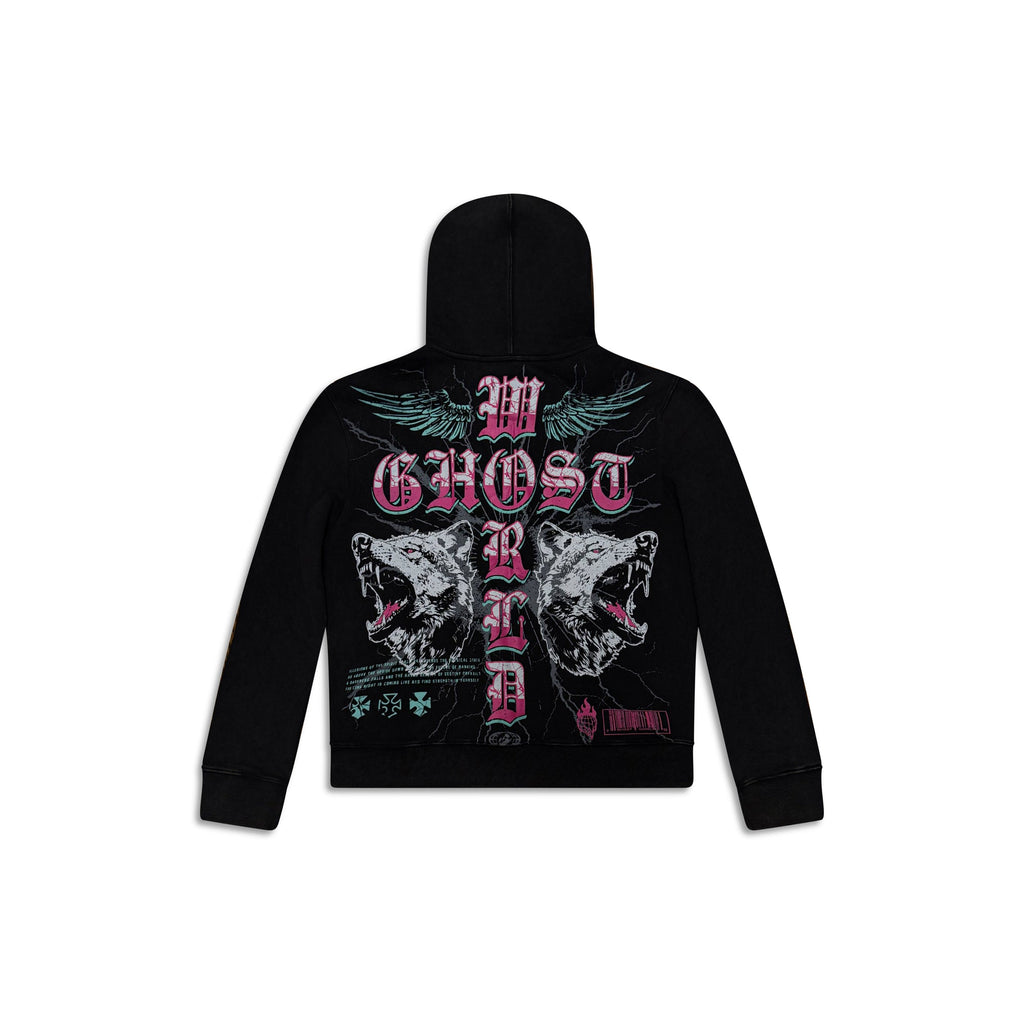 GHST WRLD Wolfpack Hoodie in Black - back flat lay