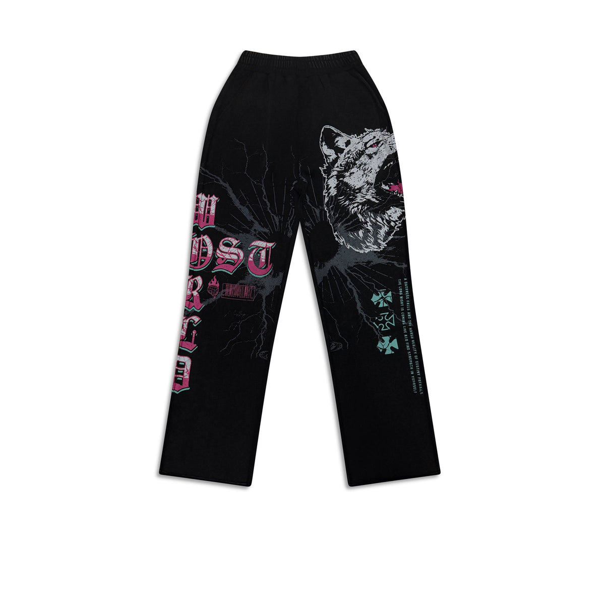 GHST WRLD Wolfpack Sweats in Black - front flat lay