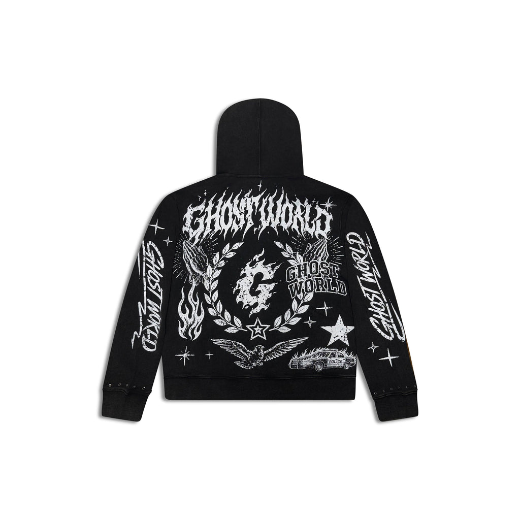 GHST WRLD Prayer Hoodie in Black - back flat lay