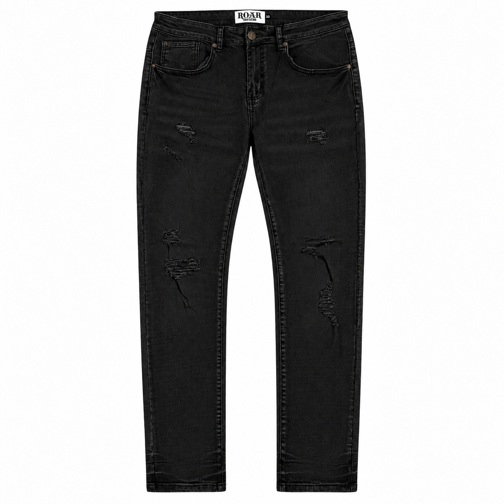 SLIM FIT DENIM PANTS- JET BLACK RIPPED