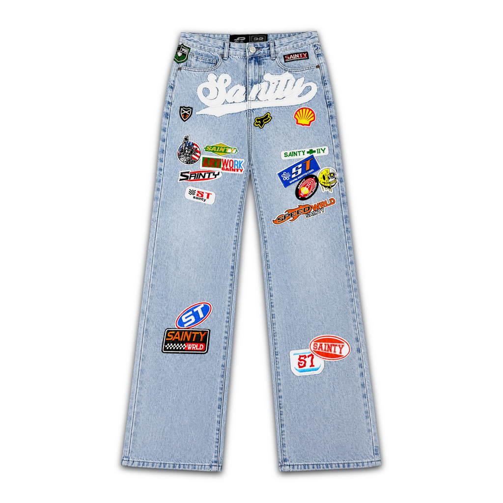 POLITICS | BLUE WASH PATCHED JEANS - SPR 90 front flat lay on white