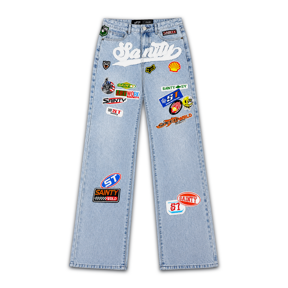 POLITICS | BLUE WASH PATCHED JEANS - SPR 90 front flat lay on white