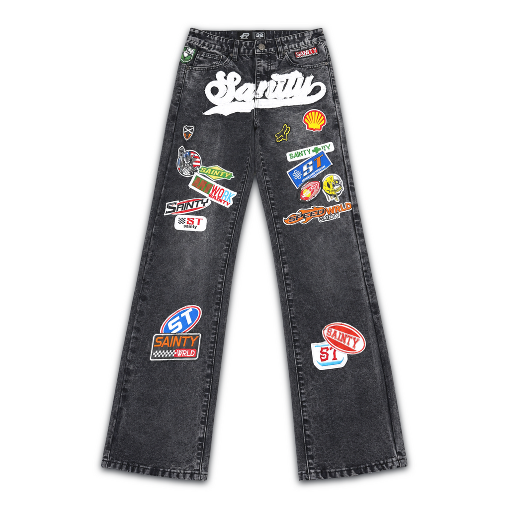 POLITICS | BLACK WASH PATCHED JEANS - SPR 92 front flat lay on white