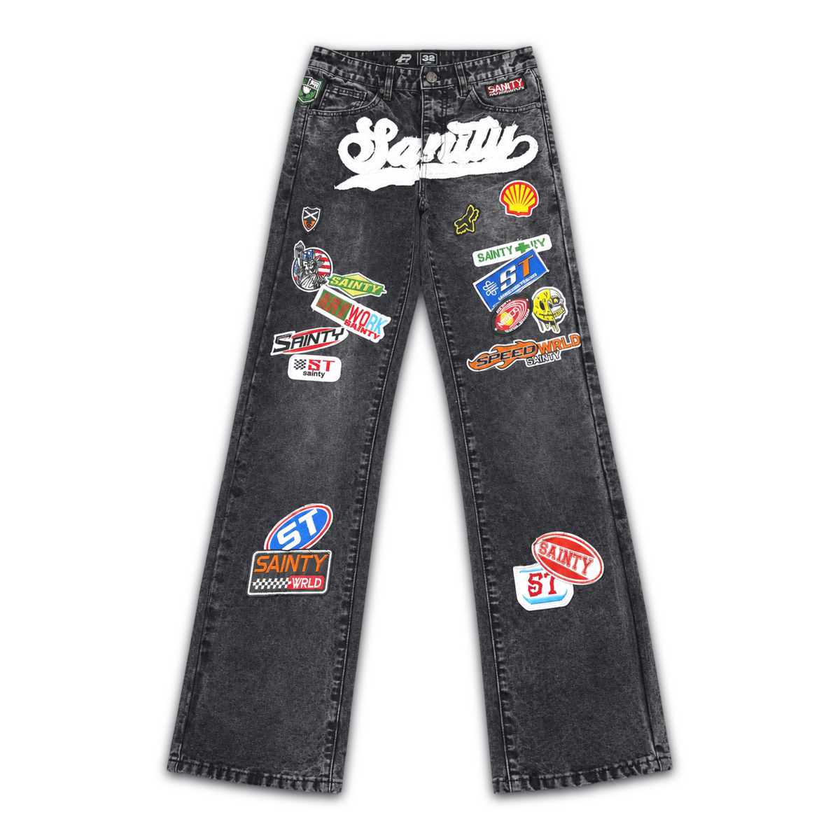 POLITICS | BLACK WASH PATCHED JEANS - SPR 92 front flat lay on white