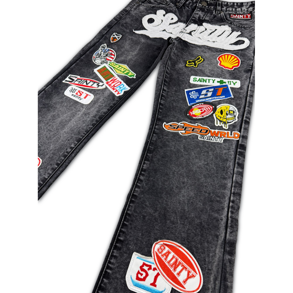 POLITICS | BLACK WASH PATCHED JEANS - SPR 92 back flat lay on white