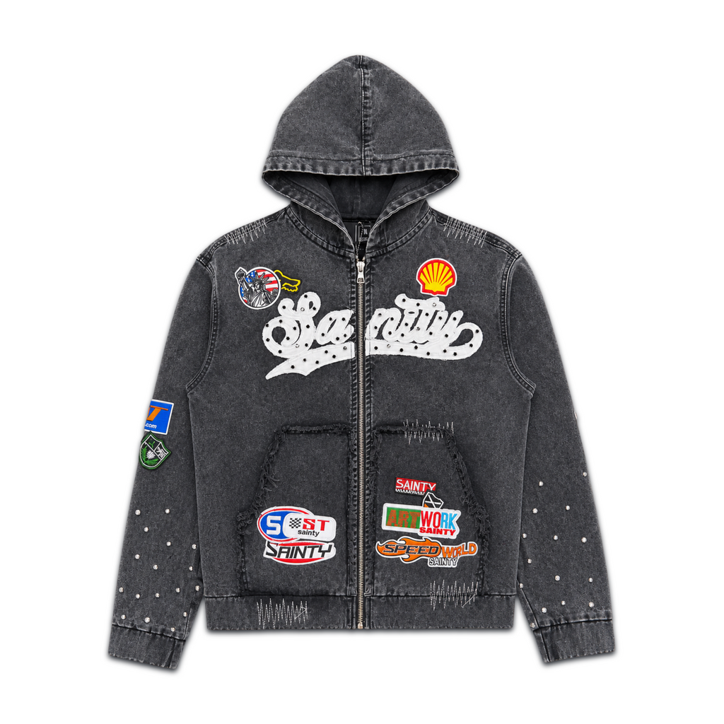 POLITICS | BLACK WASH ZIP DENIM JACKET - PK26 SPR 08 front flat lay on white