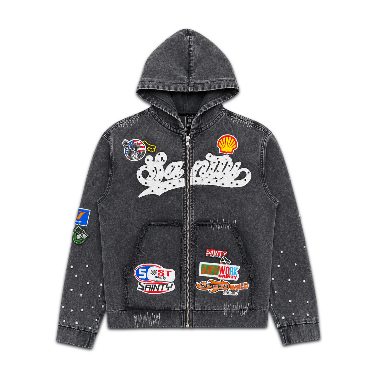 POLITICS | BLACK WASH ZIP DENIM JACKET - PK26 SPR 08 front flat lay on white