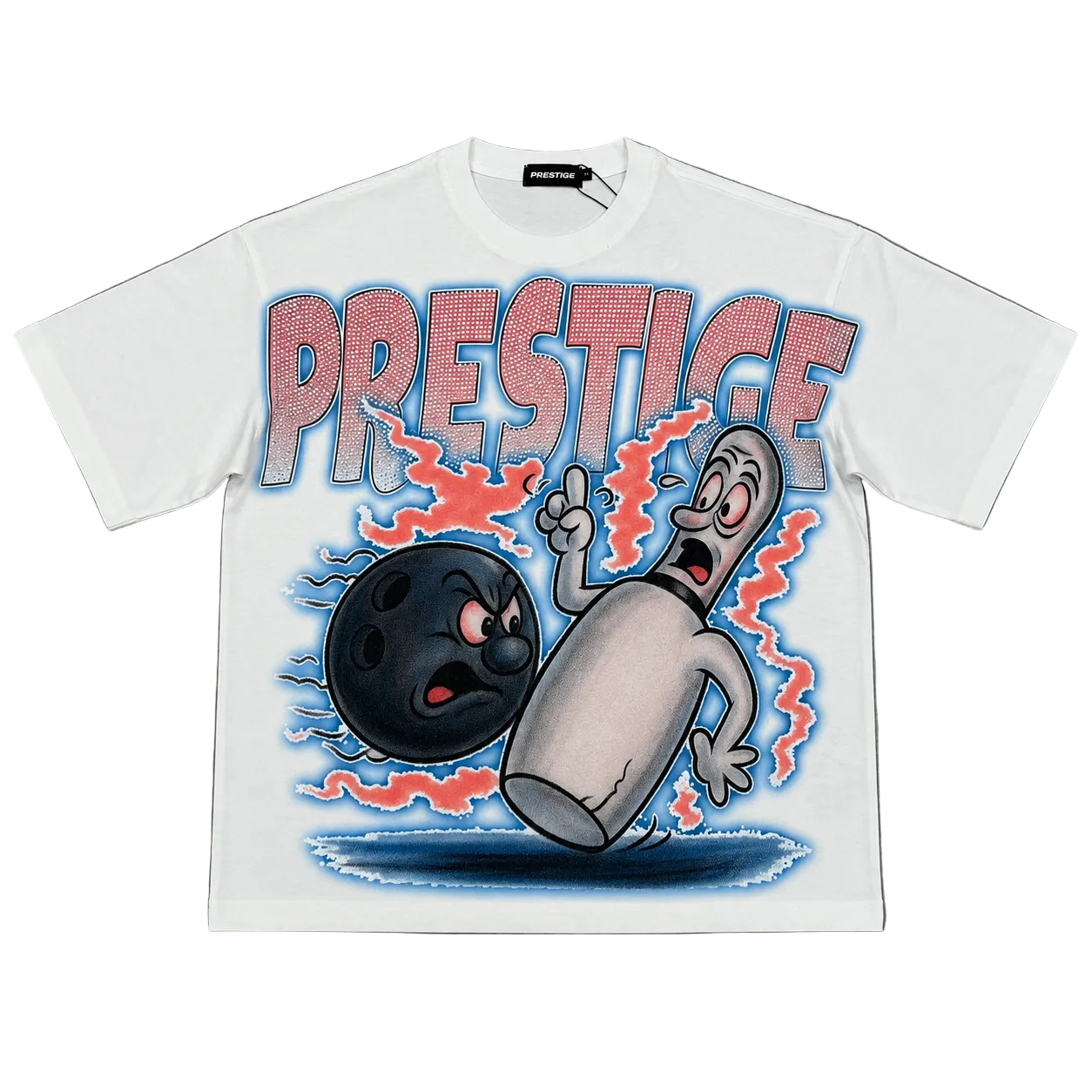 White t-shirt with cartoon graphic and 'Prestige' text on a gray background