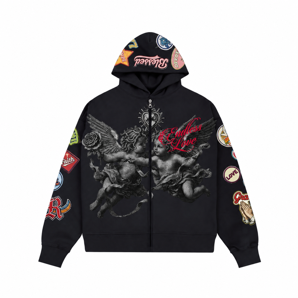 Roku Studio devotion zip down hoodie - black front flat lay