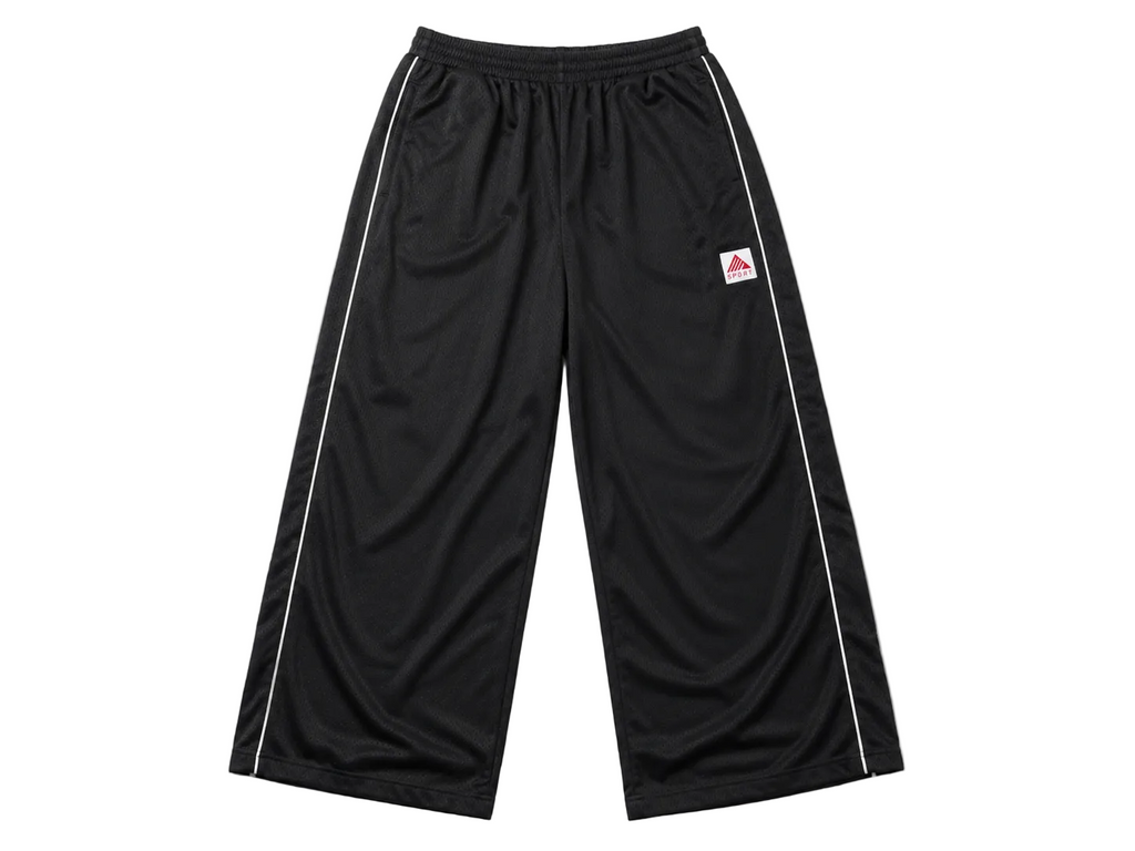 Black athletic pants with white stripes on a light gray background