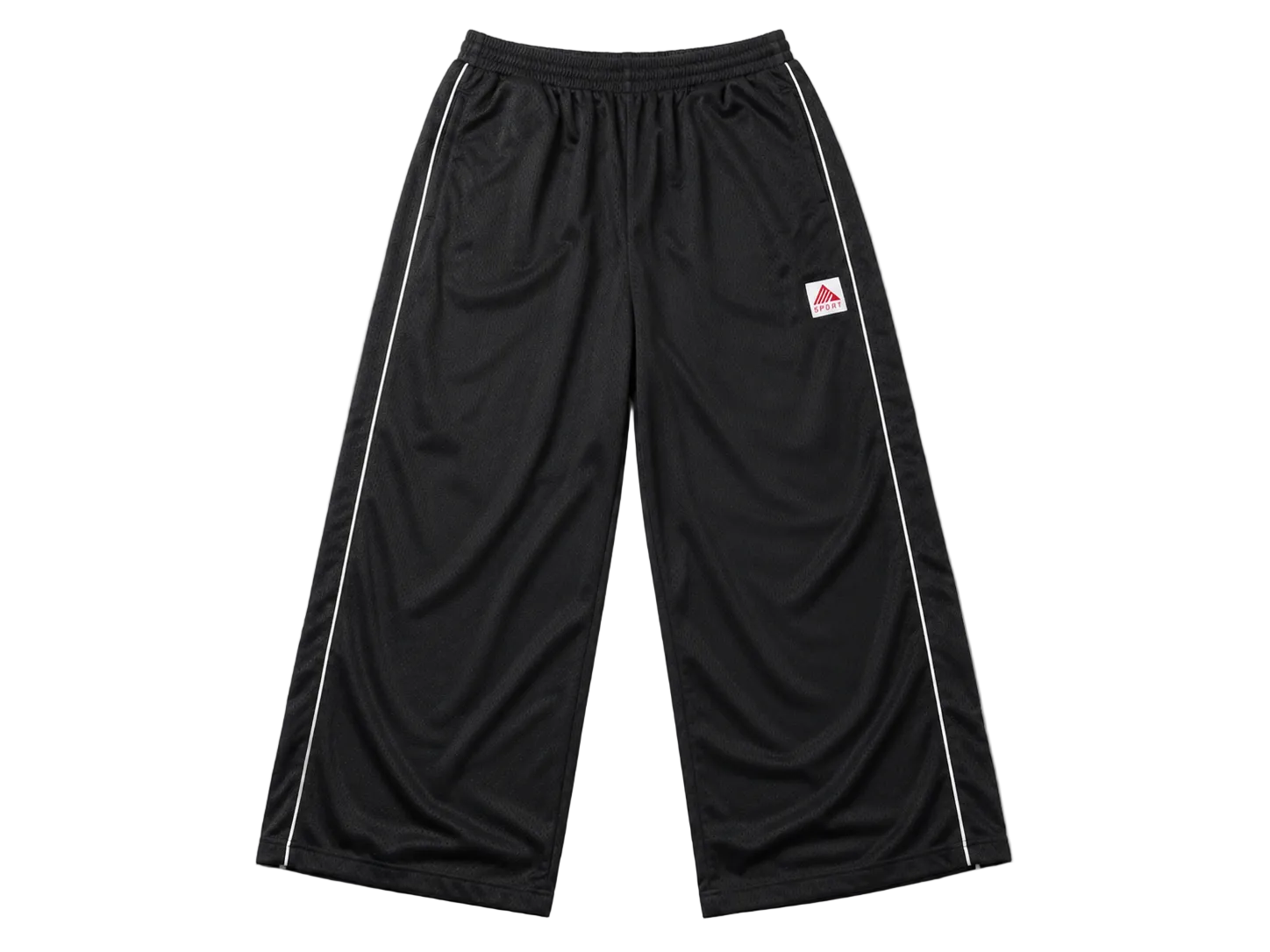 Black athletic pants with white stripes on a light gray background