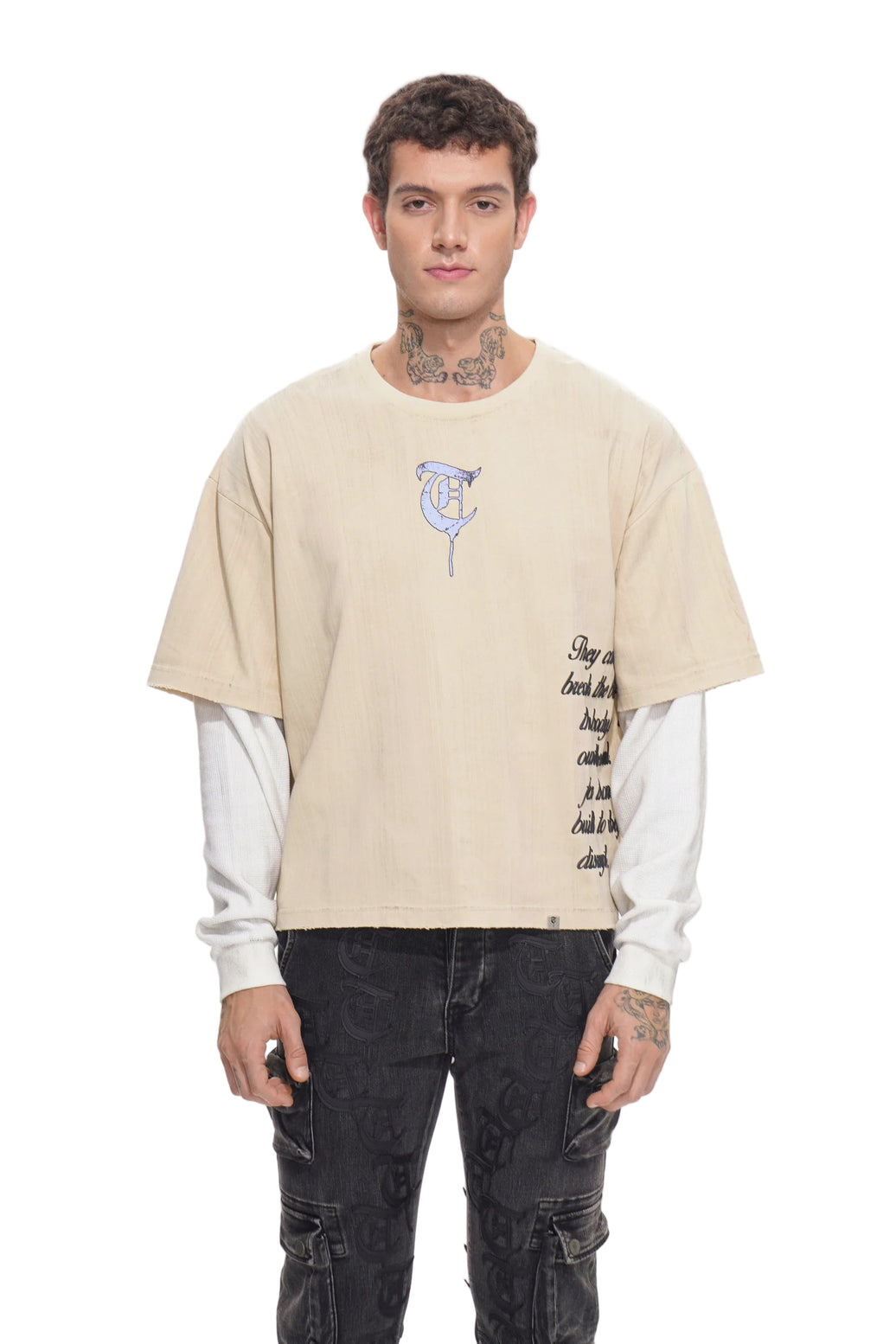 TRNCHS| BORN TO DISRUPT WHITE/KHAKI LS TEE