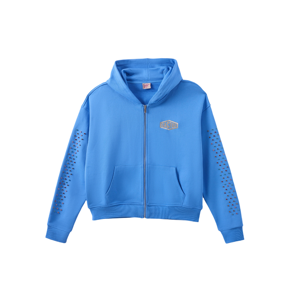 AZVA| CRYSTAL CACTUS ZIP HOODIE BABY BLUE