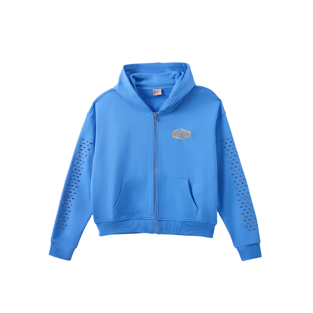 AZVA| CRYSTAL CACTUS ZIP HOODIE BABY BLUE