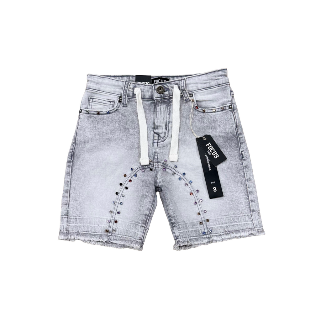 FOCUS| KIDS STARDUST RHINESTONE DENIM SHORTS GREY