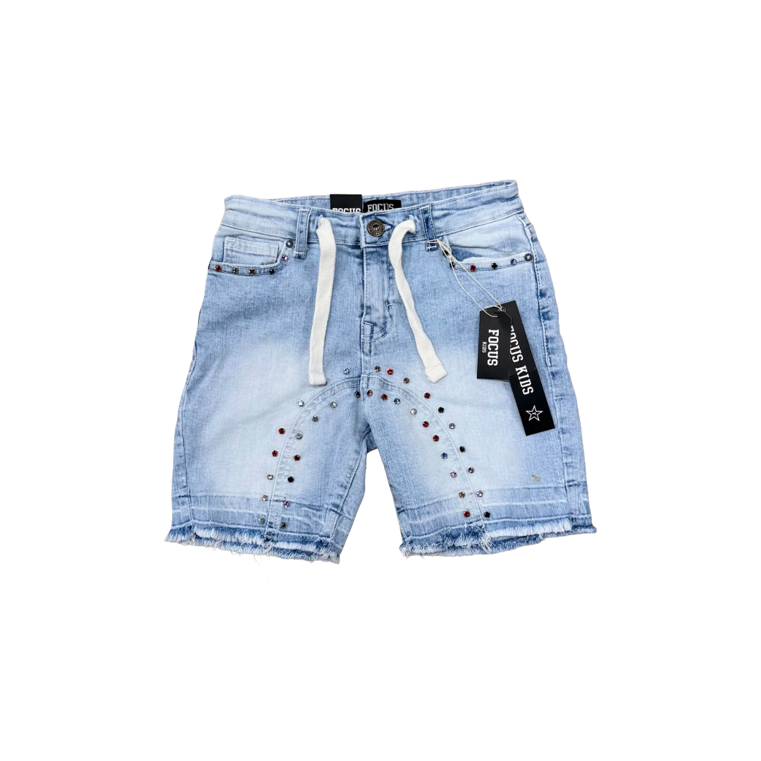 FOCUS| KIDS STARDUST RHINESTONE DENIM SHORTS ICE BLUE