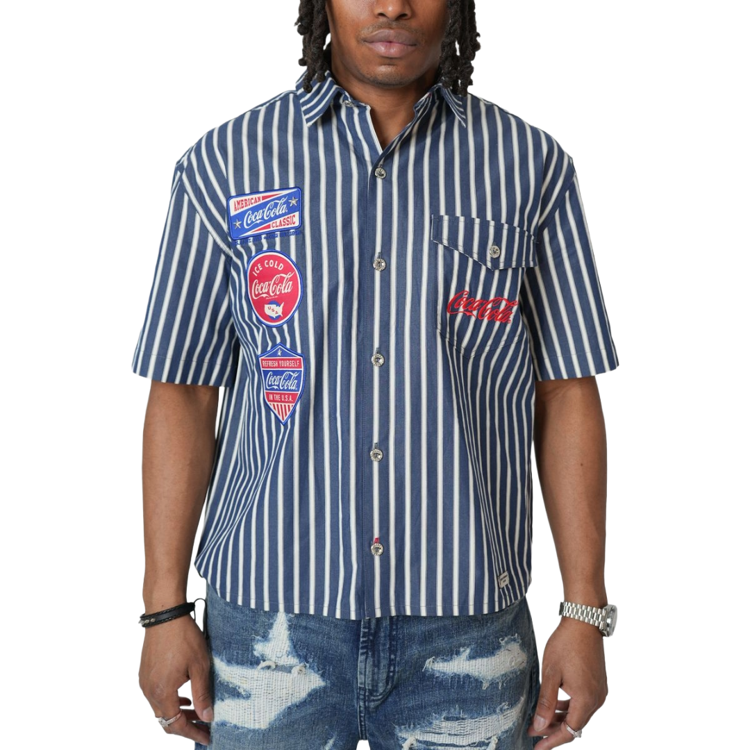 PREME| COCA-COLA STRIPED NAVY BUTTON UP