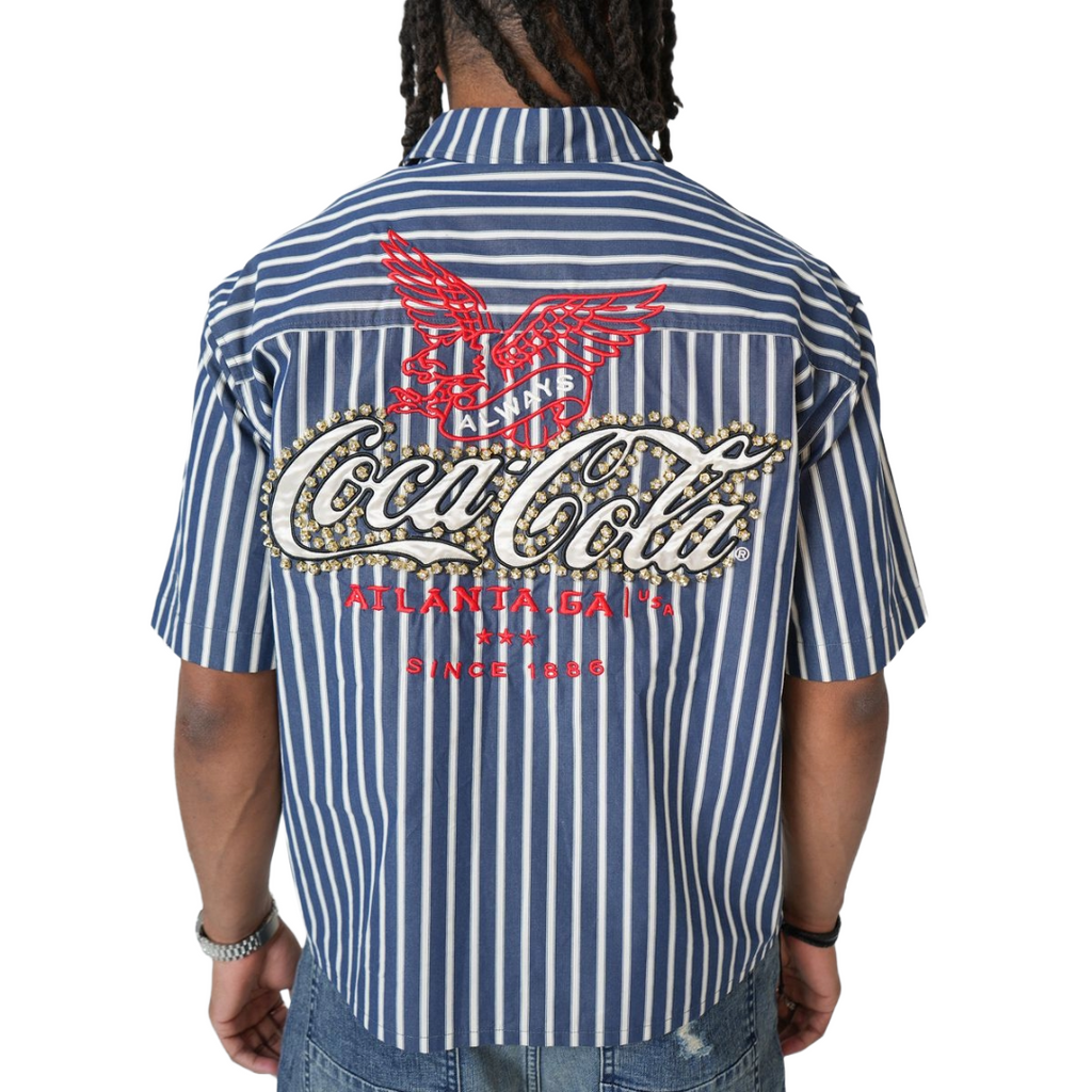PREME| COCA-COLA STRIPED NAVY BUTTON UP