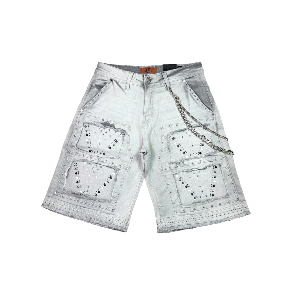 ELITE| FLINT EMBELLISHED DENIM SHORTS GREY WASH