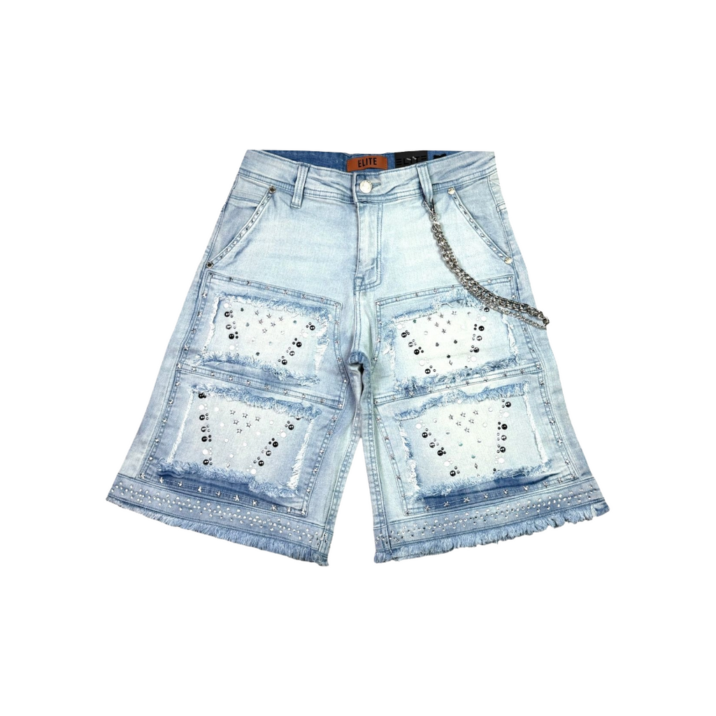 ELITE| FLINT EMBELLISHED DENIM SHORTS ICE WASH
