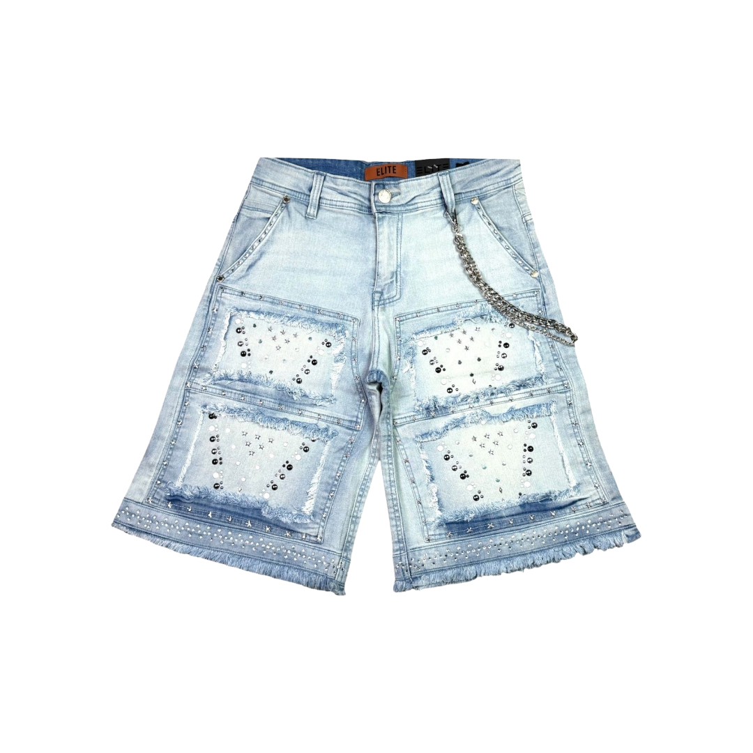 ELITE| FLINT EMBELLISHED DENIM SHORTS ICE WASH