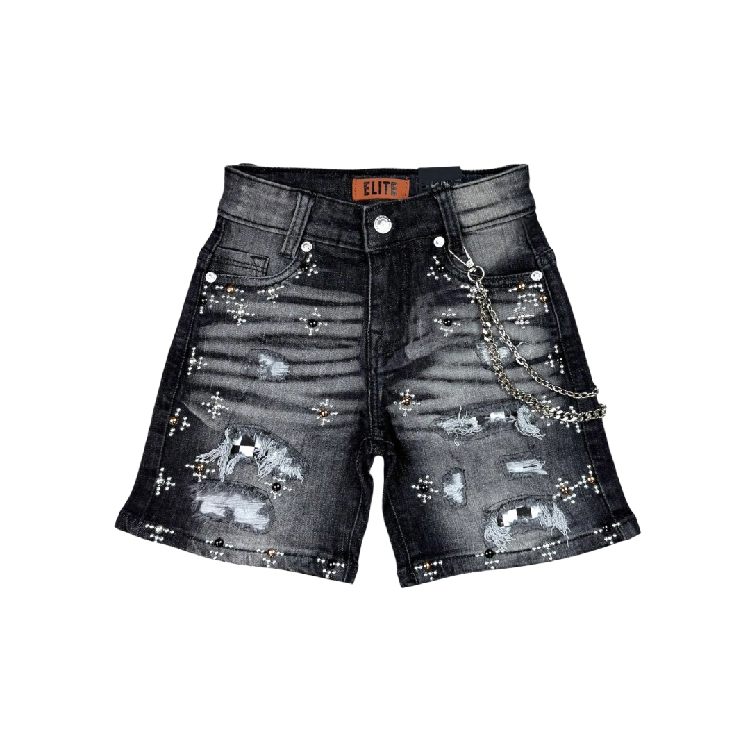ELITE| KIDS FADED EMBELLISHED DENIM SHORTS BLACK WASH