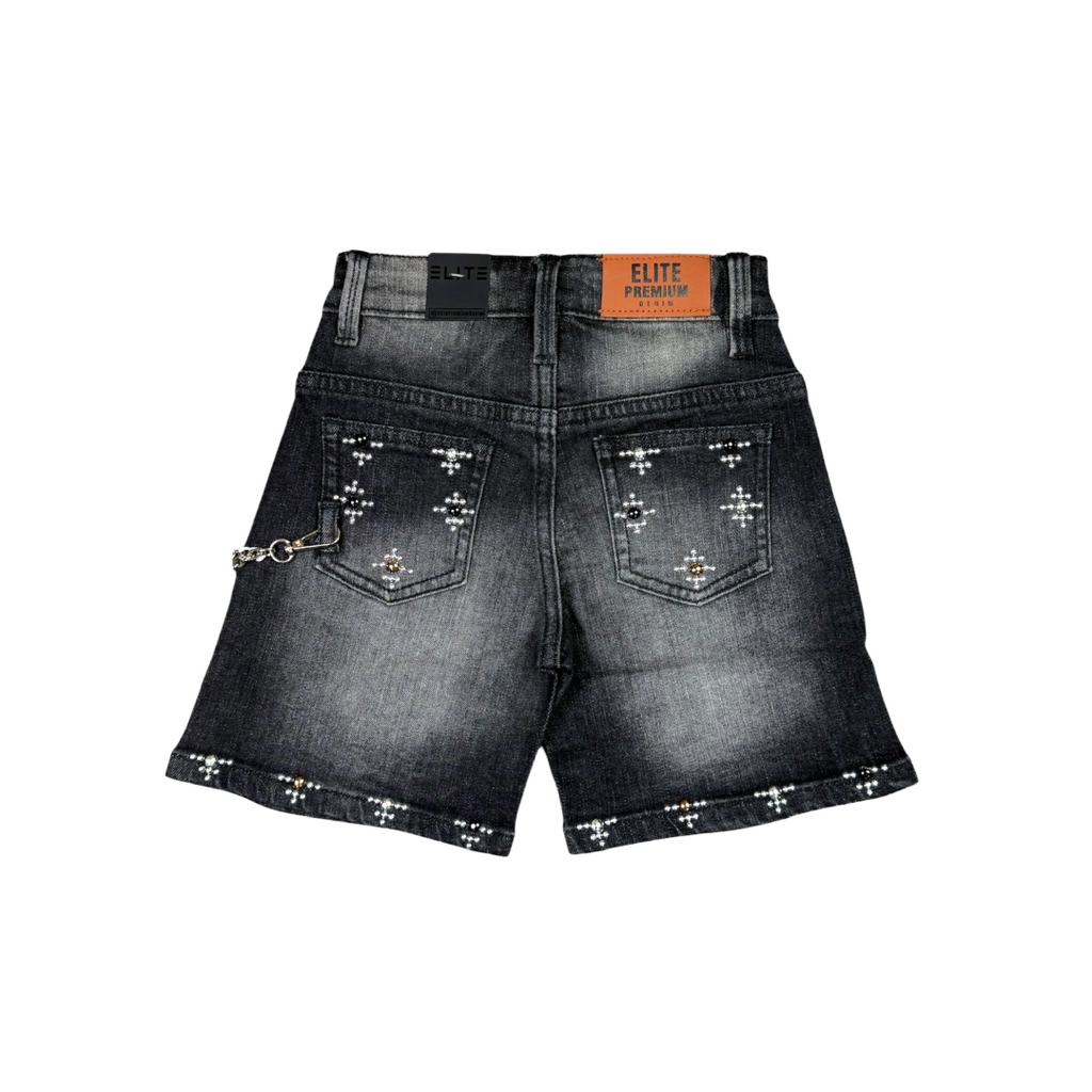 ELITE| KIDS FADED EMBELLISHED DENIM SHORTS BLACK WASH