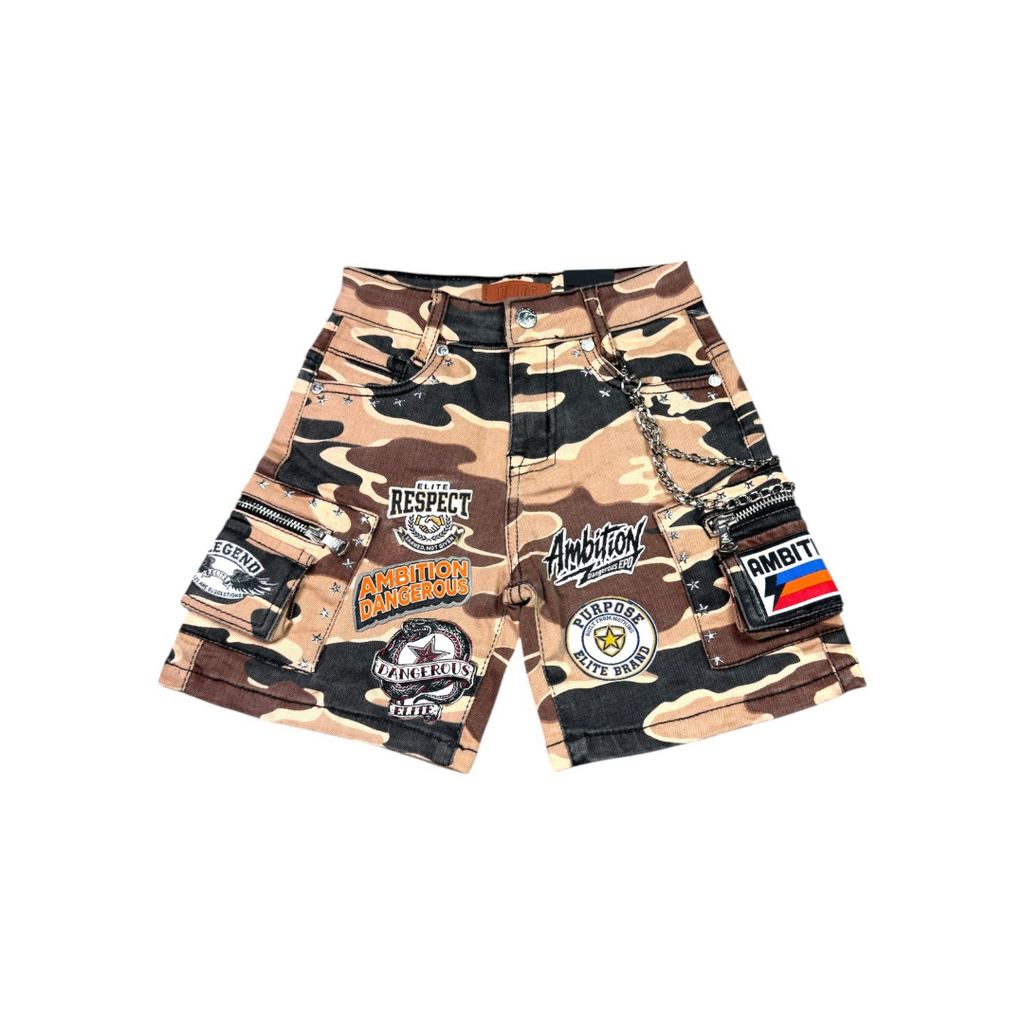 ELITE| KIDS PATCHWORK ARMY CAMO EMBELLISHED DENIM SHORTS