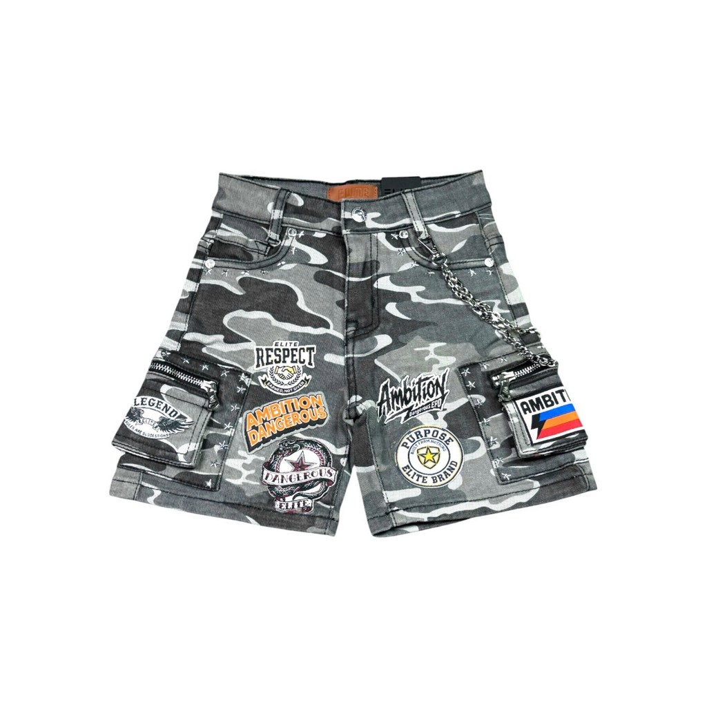 KIDS PATCHWORK NIGHT CAMO EMBELLISHED DENIM SHORTS
