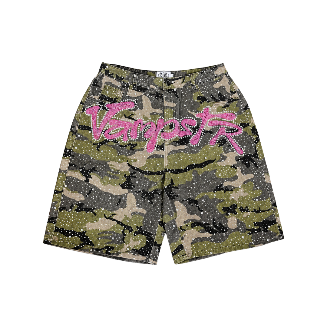CAMO CRYSTAL DENIM SHORTS